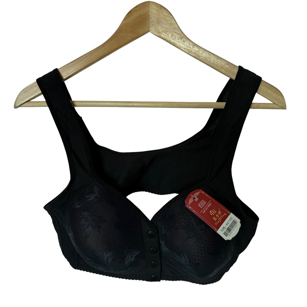 Mujiling Front Button Bra Womens 44/100 Black NWT Lace Jacquard‎ Comfort Support